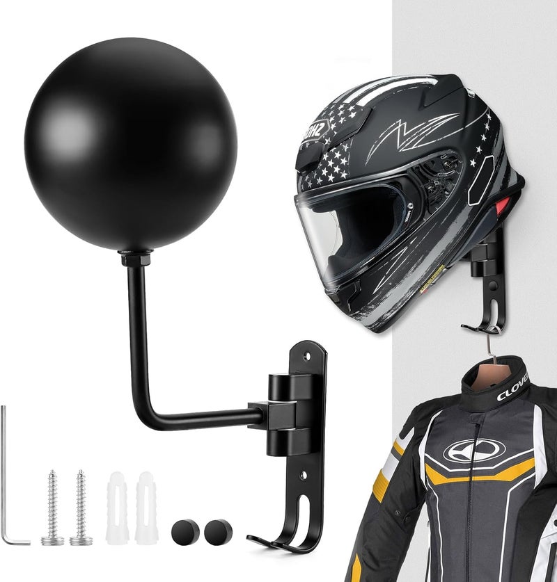 PAHTTO Motorcycle Helmet Holder, Helmet Rack Wall Mount 180 Degree Rotation Helmet Hanger with Double Hook for Coats, Caps, Hats, Motorcycle Accessories - Image 1